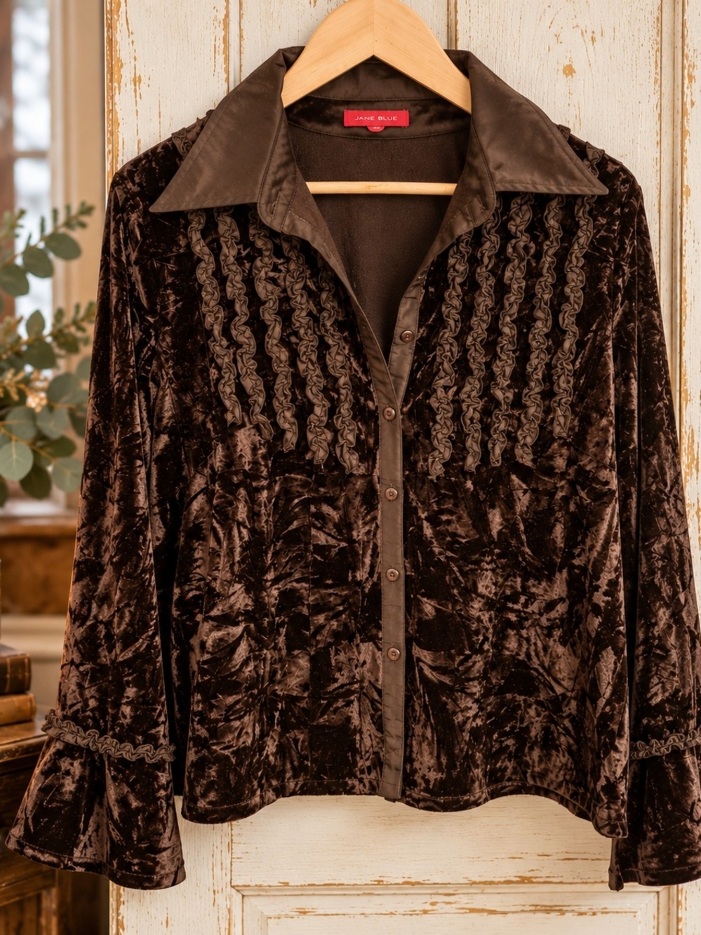 Jane Blue Chocolate Brown Crushed Velvet Ruffle Blouse PTP 21.5"